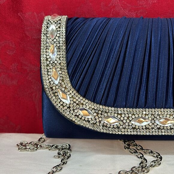Lulu Townsend Clutch Pleated Blue Satin Rhinestone‎ Women Chain - Picture 5 of 12